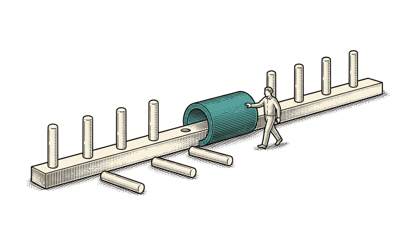 A teal sleeve riding a long rail; the pegs it has passed lie knocked flat while those ahead still stand upright, a worker walking beside it at the same pace