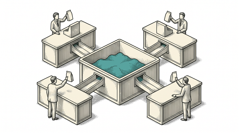 Counters arranged around one single central pool, each joined to it by its own chute; all of them draw from the same teal heap, and there is no spare box and no second pool