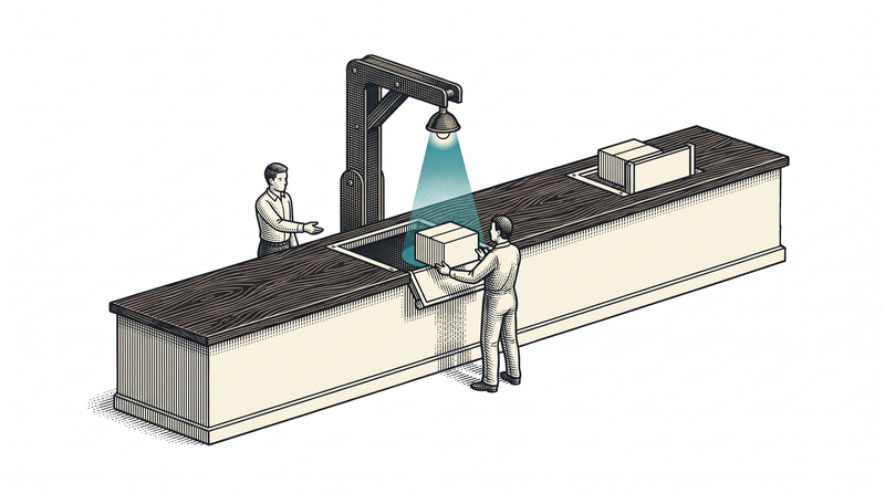 A reader arm mounted over a long plain counter; its lamp is lit and reading the box beneath it, and a low hatch set into the counter has opened to let the box cross to the waiting figure with an outstretched hand, while further along the counter a second box still sits behind a closed hatch