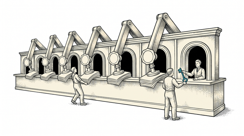 A long counter lined with stamping windows; a figure carries one bundle of papers from window to window, at each window an arm presses a fresh seal onto it, and only after the last window does the clerk hand back a small key