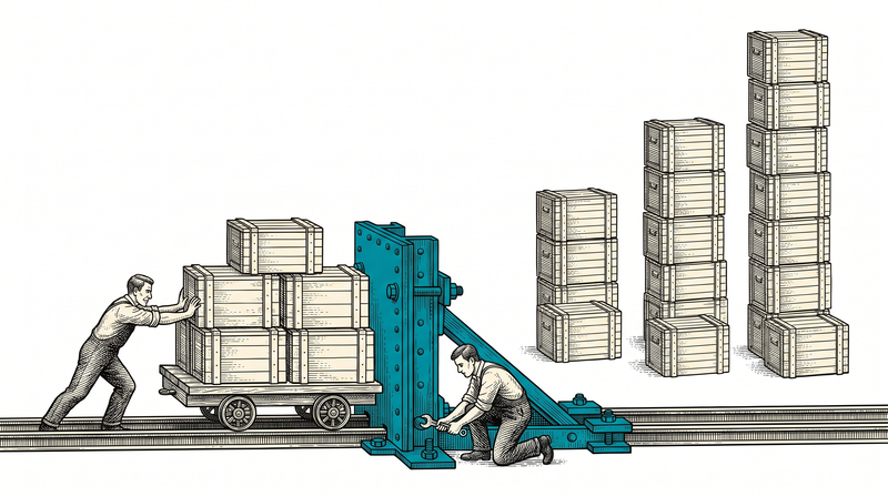 A teal stop-block bolted to the rail: a cart loaded with chests has run up against it and stopped, the figure pushing it can take it no further, a second figure tightens the block's bolt, and the three stacks of chests beyond it are completely untouched