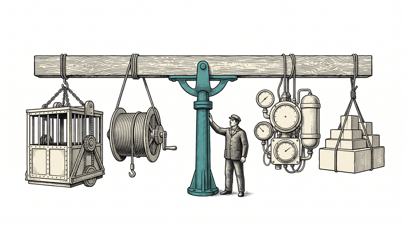 A long beam resting on one teal pivot with a lift car, a cable drum, a cluster of gauges and a stack of blocks hanging from it, holding perfectly level — and only one worker keeping the whole thing steady