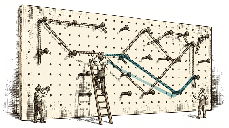 A giant pegboard of pins and taut ropes; a figure on a ladder lifts one rope off a peg and hooks it onto another, and the path downstream swings into a new route