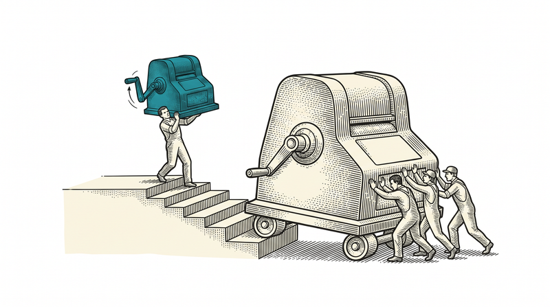 A worker carrying the compact teal machine up the steps one-handed while three others strain to push the huge machine of the same kind on rollers below