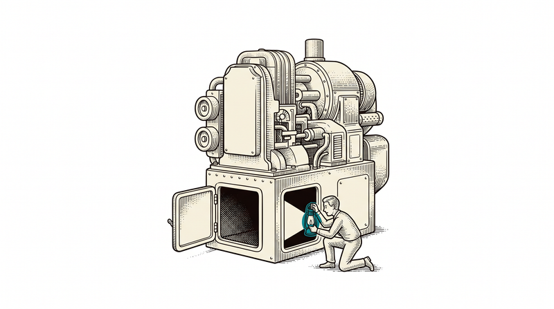 A worker kneeling to shine a teal hand lamp into an open hatch at a machine's base, looking without reaching in and with nothing removed