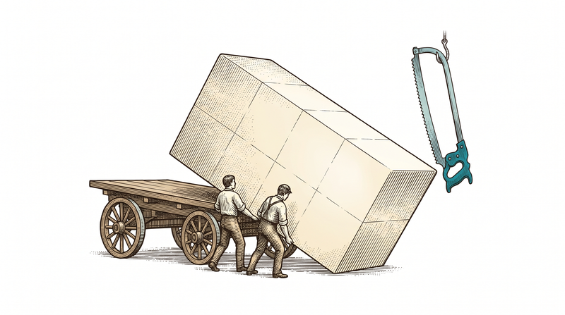 Two figures wheel one single solid block in on a cart and set it down whole; faint pre-scored lines across its surface show where it could later be split, and the saw hanging on the hook behind them has not been touched