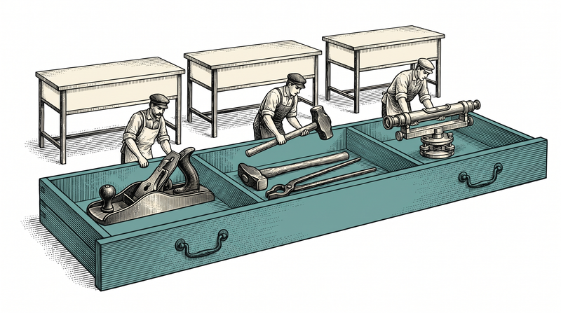 One teal drawer pulled wide open fills the frame; its three compartments hold the tools of three different trades and three workers each lift out their own from that same drawer, while the bare tables behind them have nothing underneath