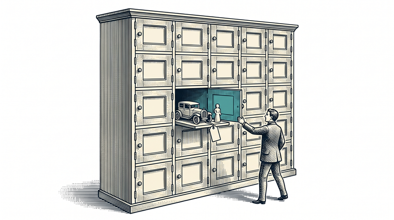 A cabinet whose every pigeonhole holds a model vehicle, a driver figurine and a blank tag; one teal door has swung open by itself, its vehicle rolled forward and a worker reaching for it while every other door stays shut