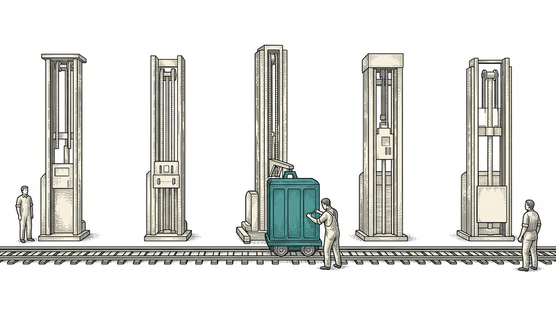 Five stations on one unbroken track; the carrier stands at the third right now, the others empty, with no second copy of it anywhere