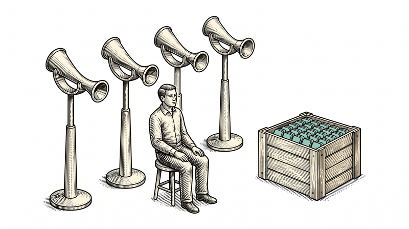 Every speaking tube stands idle with its mouthpiece in its cradle; the attendant sits with both hands free, and the crate beside them is full to the brim with teal tokens, not one spilled