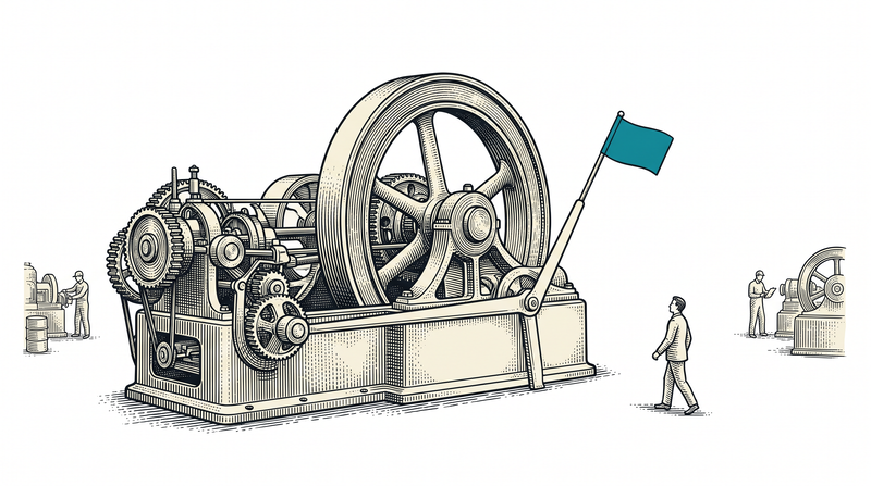 A tell-tale arm beside a running machine has lifted so its teal flag stands upright, and a distant worker has noticed and started walking over while the machine keeps running