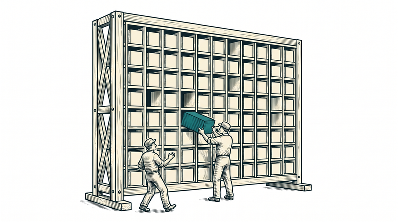 A frame of open pockets: most already hold a block, a few stand empty; one worker slides the teal block into a free pocket while the other steps back because the one they reached for is taken โ each pocket takes one block only