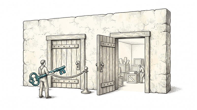 Two identical doors side by side in the same wall, one roped off with a barrier post; the large key in the figure's hand fits only that door, and through the open one the same room is seen — clean, empty and stocked with crates to practise on