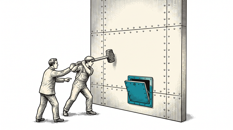 One worker's hammer caught mid-swing while a second points at the teal hatch in the wall that already stands open, the wall completely intact