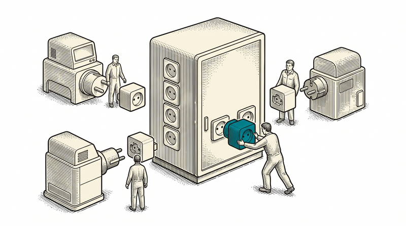 A row of identical sockets runs along a closed central cabinet; three different machines with odd plugs connect through small adapters in between, and a worker pushes the third, teal adapter into a free socket