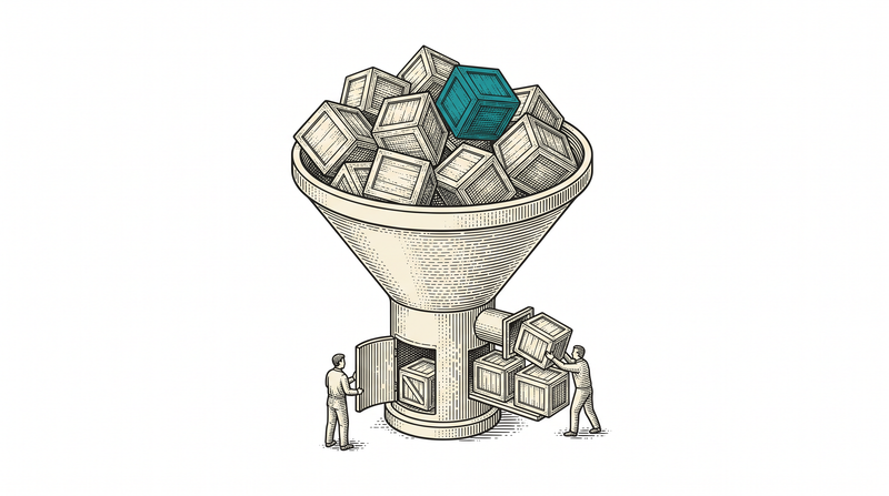 A single funnel standing alone on bare white ground, filled to the brim with crates and about to spill; a figure beside it has opened the funnel's side hatch where crates wait in a queue, and a second figure feeds them back in one at a time as room appears