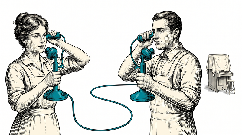 Karşılıklı duran bir kadın ve bir erkek eski tip telefonlarla konuşuyor; ikisi de kulaklığı eliyle kulağına bastırmış. Telefonlar, kulaklıklar ve iki tabanı birleştiren kordon turkuaz — bir kulaktan öbürüne uzanan tek hat. Sağdaki manuel santral örtü altında, taburesi boş ve hiçbir kablo ona gitmiyor.