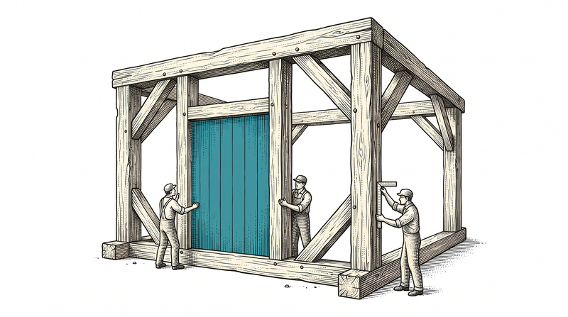 A sturdy timber frame already assembled and worn smooth with use; two figures fit a brand-new panel onto it while a third checks the old frame's joints with a square — the frame itself isn't rebuilt, only the new panel is added
