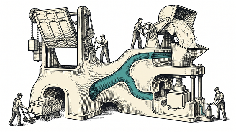 One enormous machine cast as a single body with four different jobs running at once, all tied together by the single spine passing through it