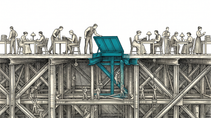 A cutaway of one floor: above the boards figures work calmly at ordinary desks, beneath them runs the dense iron lattice carrying the whole floor, and one figure has lifted a hatch to look down into it