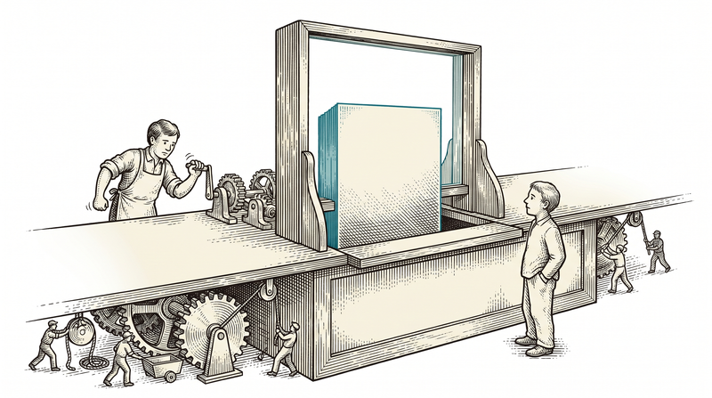 A clerk turning the crank on the far side of a counter and a visitor watching with hands in pockets on the near side; the crank exists only on the clerk's side