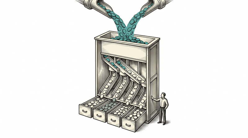 A teal stream of coins pours into a sorting cabinet, splits into separate chutes inside and lands in four drawers at its foot; not one coin lies on the ground and the figure beside it sorts nothing by hand