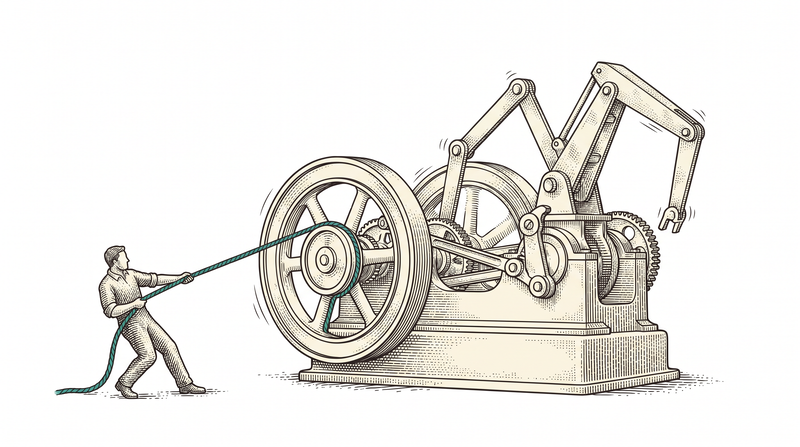 The worker gives one cord a single pull and the machine is already turning, with no tool and no part waiting to be assembled