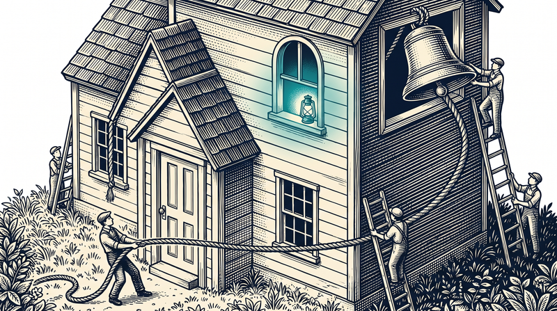 A house at night with its shutters closed; a figure outside pulls once on the long bell rope running up to the upstairs room, and a single lamp comes on in the window