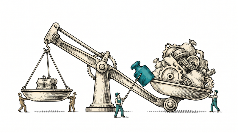 A weighing beam: the pan with the compact bundle rides high while a worker lifts one more weight off the heavy pan
