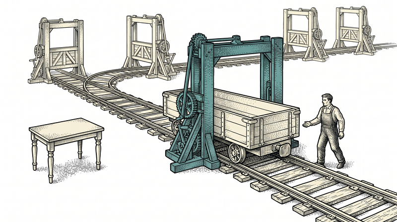 The gates are built INTO the track rather than beside it, so the wagon must pass through each one in turn and is passing the teal one now, while the side-table stands completely empty with nobody at it