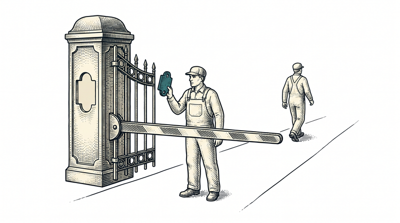 A lowered turnstile arm; the member in front holds a token to the recess but the shape does not match, while the one beyond has already passed