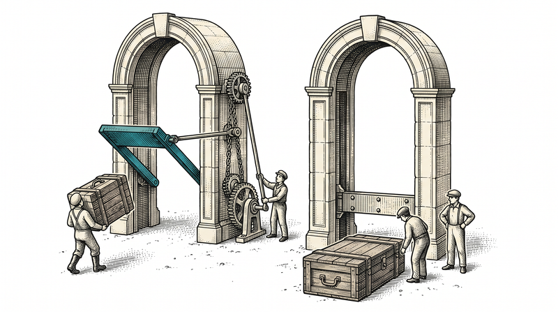 Two stone arches: at the left an attendant has pulled the lever so the teal bar is raised and a case goes through, while at the right the bar is still down and a second case waits