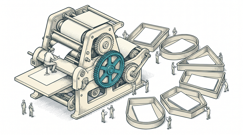 Identical blank sheets dropping from one press into trays of different shapes at once