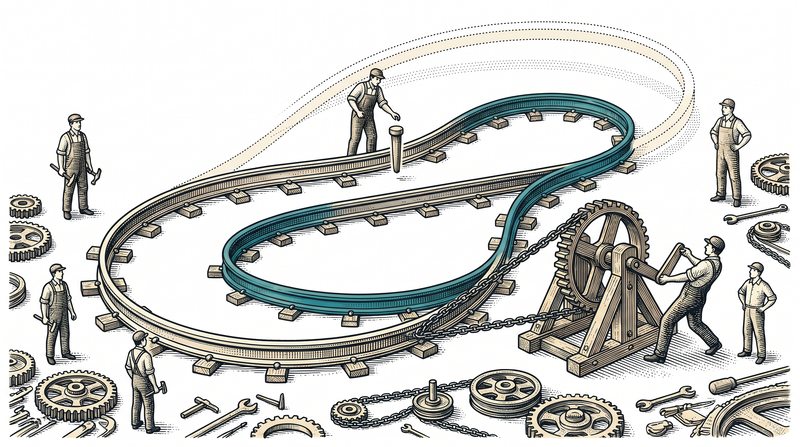 A long looping rail held by pegs; a figure drops one new peg in the middle and the rail re-bends into a shorter loop, its old wider shape left as a dotted trace