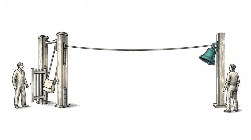 A satchel passes through the gate on the left and at that same moment the teal bell at the other end of the cord rings; nobody walks between the two posts and nothing is carried by hand