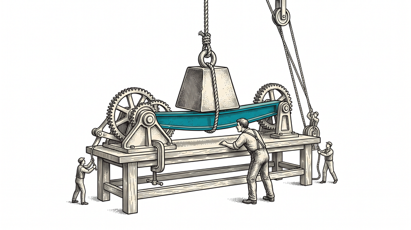 A teal beam visibly flexing under a suspended weight while a worker watches exactly where it bends, with nothing broken