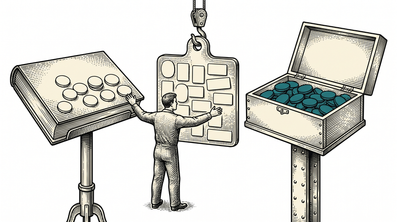 Three separate holders that never touch — a book on a stand, a board hanging from a hook, an open box on a post; no rail or cord runs between them, and the worker reaching for all three can touch only one, while the teal tokens sit in the box out of reach