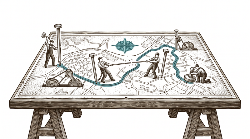 A giant map table on trestles; small figures walk on it — one drives a pin with a mallet, one pulls a cord taut between two pins into a route line, one presses a stamp beside a pin