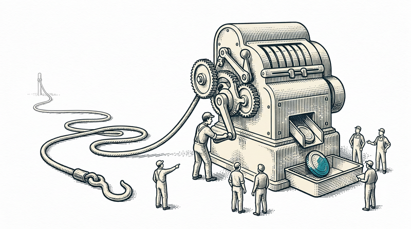 A cord lying slack on the ground with its hook attached to nothing, while the machine keeps running and drops a finished teal piece into its tray