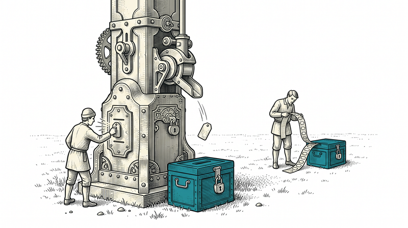 A tall checkpoint post alone in a field; one figure presses a token to its plate, the post drops a stamped tag into the locked box at its base, and a figure further off reads a strip of collected tags