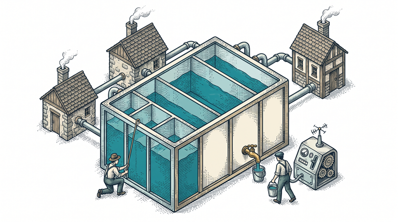 Compartmented glass reservoir fed by pipes from small houses; one figure measures a compartment, another carries a bucket from the tap to an analysis machine