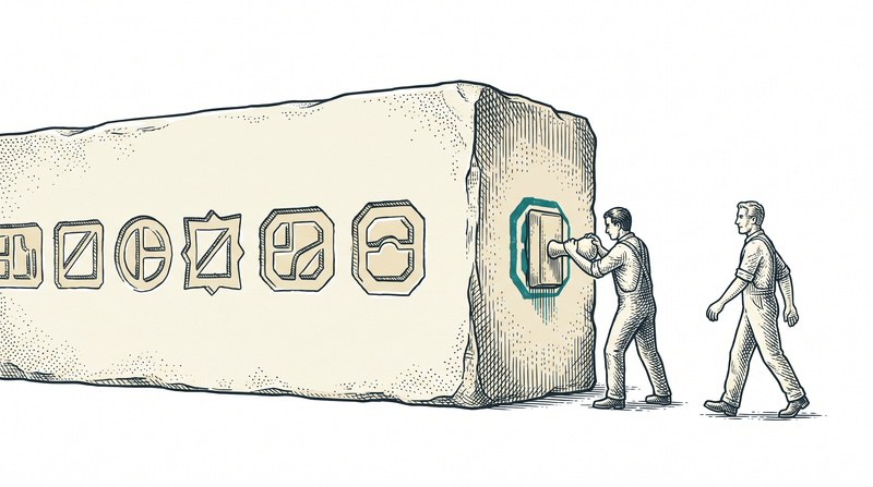 A row of impressions already set in a solid stone block; a worker presses the teal seal at the end of the row, with no eraser and no chisel in sight, while a second worker walks past without touching it