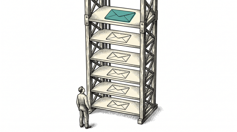 A teal envelope resting on the top ledge of a completely open framework; every ledge it passed carries an embossed impression of that same envelope, and the citizen below can see all the way up with nothing in the way