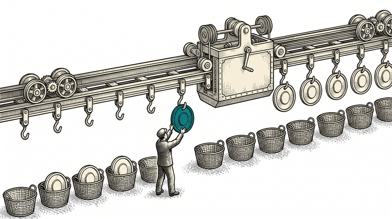 Where the carrier has passed the hooks are empty and the discs lie in their baskets, where it has not the hooks are still loaded and the baskets empty; at exactly one place the hook is still loaded while its basket stayed empty, and the worker reaches for that teal disc