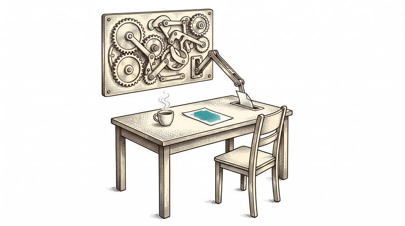An early morning desk standing alone: a cup still steaming on it, an empty chair pushed back; the mechanical arm of the gear-and-lever panel on the wall has already released a printed sheet through a slot and it has landed squarely on the desk, and nobody is in the room