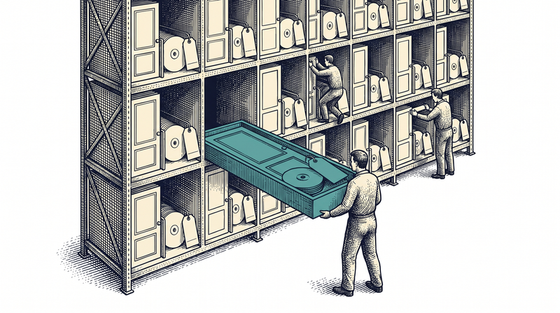 An archive rack whose every compartment keeps a model door, a plain disc and a folded tag together; the worker draws the teal compartment out as a single tray so all three come out at once, with nothing scattered on the floor