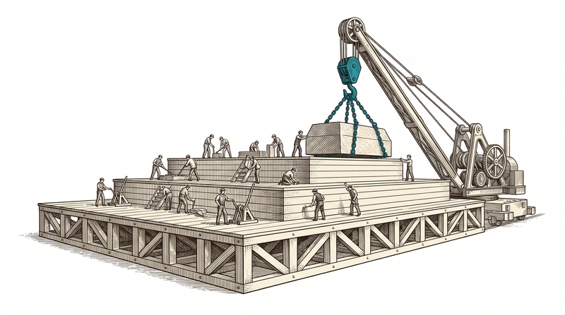 A stepped platform of three tiers; a crane adds another load onto the topmost tier while the lower tiers stand completely unchanged, their supports visibly thicker than the load requires