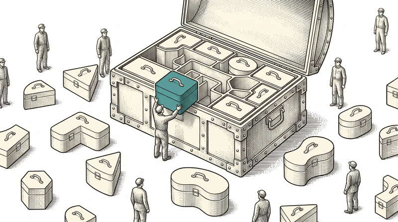 With dozens of differently shaped boxes scattered about, one worker lowers a single box into the compartment that exactly matches it