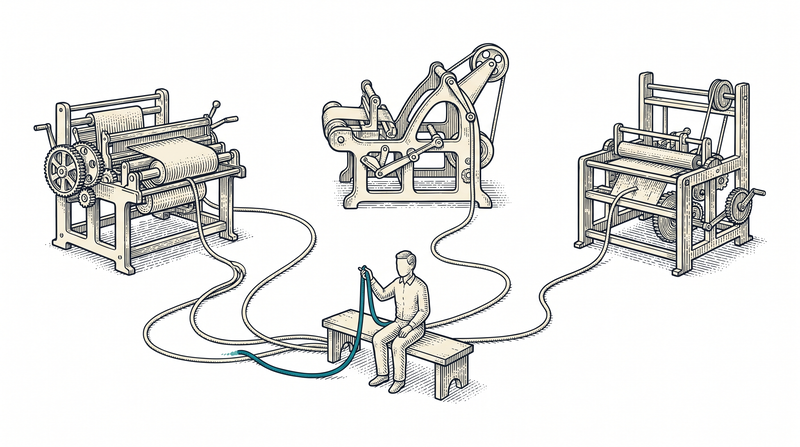 A single seated watchman holding a teal cord while other cords run across empty ground to three widely spaced machines, none of them attended