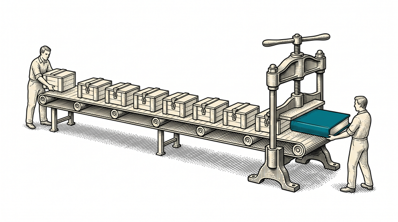 Locked boxes travel on a single belt into a binding press; none is opened, and the teal bound report is taken out at the far end